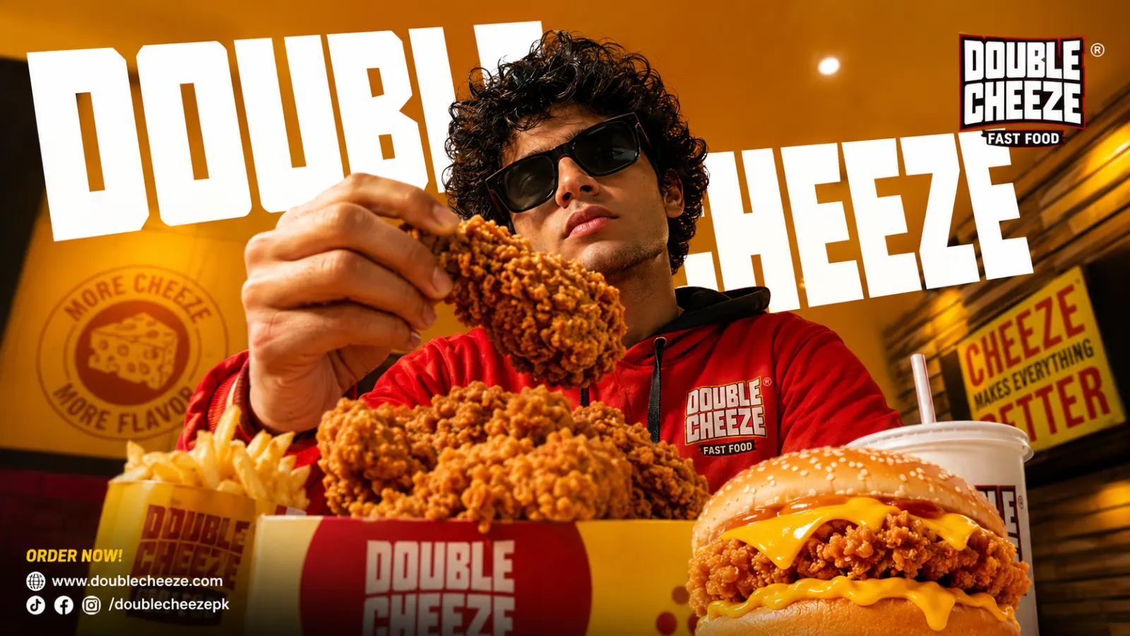 Double Cheeze brand guidelines cover with mascot and model