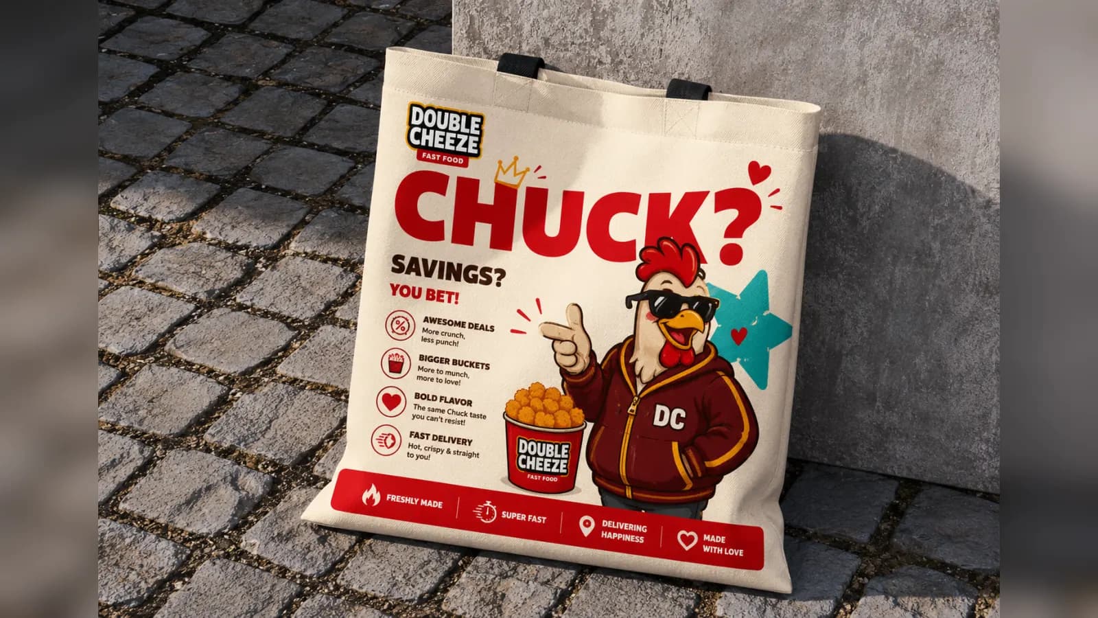 Double Cheeze branded tote bag mockup
